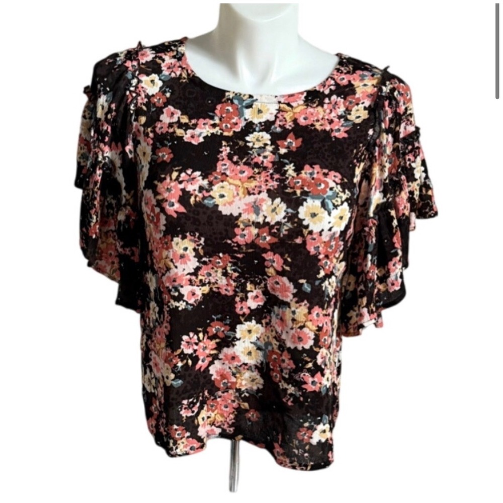 NEW NWT Maurices Floral Flutter Sleeve Blouse Black Tie Top Womens Medium